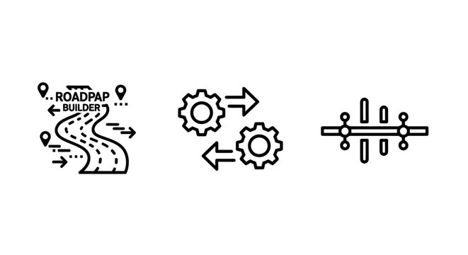 Strategic business roadmap builder workflow integration gears and project process timeline development icon set with workflow strategy timeline integration business management exchange planning