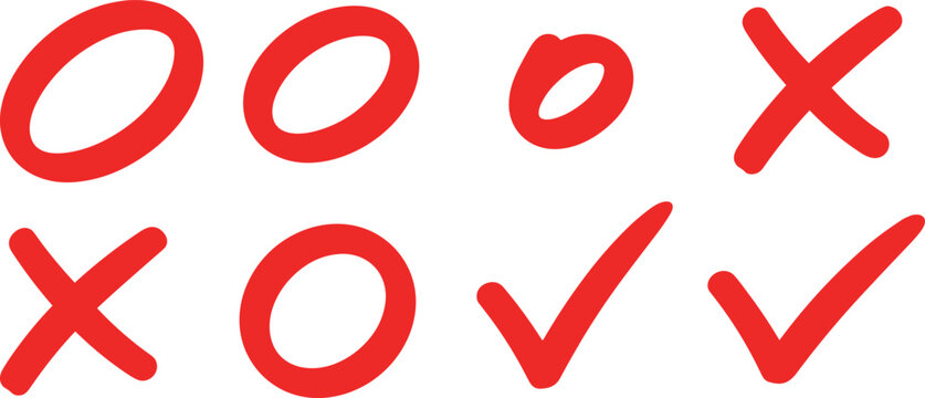 Red hand drawn check mark cross and circle correction brush stroke symbols for voting evaluation and grading