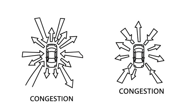 Schematic illustration of vehicle traffic congestion with arrows representing multidimensional pressure and surrounding cars congestion schematic pressure transport transportation automobile