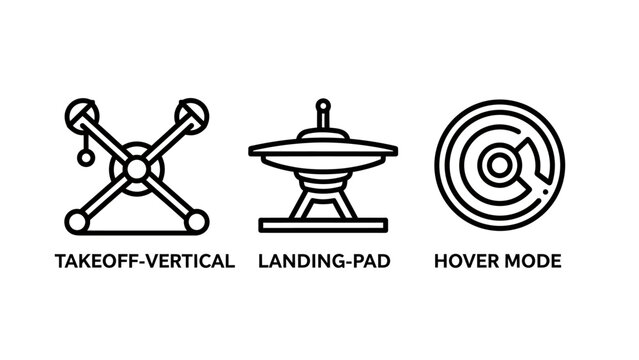 Drone flight operation and navigation mode icons including vertical takeoff landing pad hover mode diagrams vertical aircraft navigation aviation technology aerospace maneuver direction