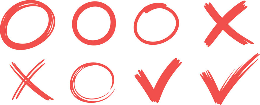 Red hand drawn check mark cross and circle correction brush stroke symbols for voting evaluation and grading