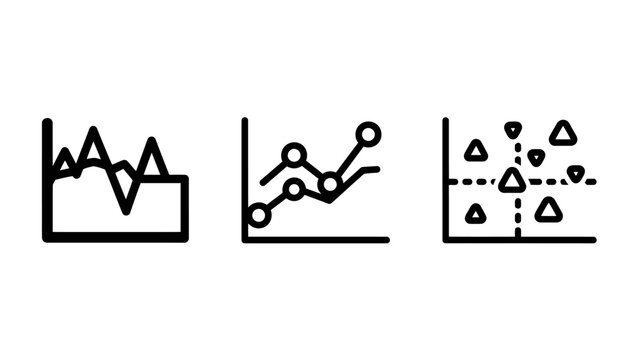 Data analytics and business statistics icons showing area chart line graph with data points and scatter plot visualization for reporting analytics statistics business information visualization
