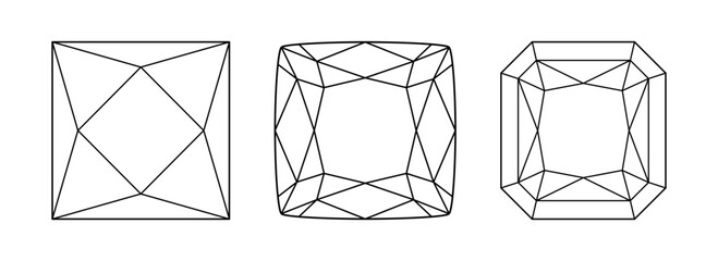 Original Radiant, Cushion, Princess diamond cut shape. Original Radiant, Cushion, Princess brilliant set. Diamond pad shape. Gemstone outline icon for jewellery design, branding, packaging, logotype. © Hanna