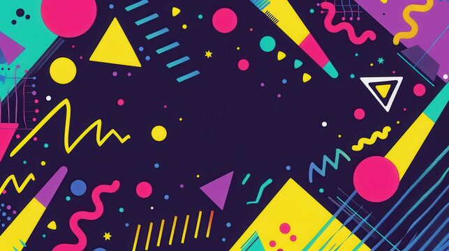 Brightly colored abstract shapes and lines against dark background, vibrant neon hues, retro aesthetic, playful design elements