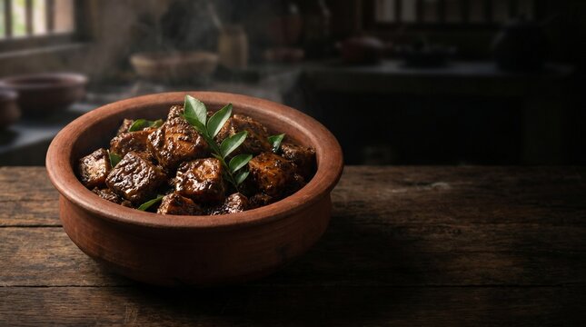 Traditional Sri Lankan fish ambul thiyal in clay pot with copy space