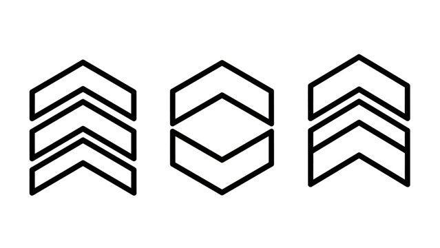 Set of three linear chevron patterns representing military rank insignia or directional movement indicators in minimalist style with insignia military sergeant direction movement progress