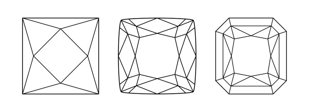 Original Radiant, Cushion, Princess diamond cut shape. Original Radiant, Cushion, Princess brilliant set. Diamond pad shape. Gemstone outline icon for jewellery design, branding, packaging, logotype.
