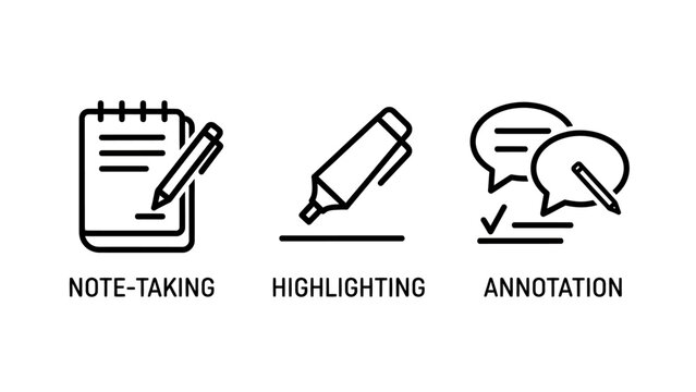 Document editing and study icons set featuring note-taking notebook highlighter marker and text annotation speech bubbles for learning notebook highlighter annotation feedback learning education