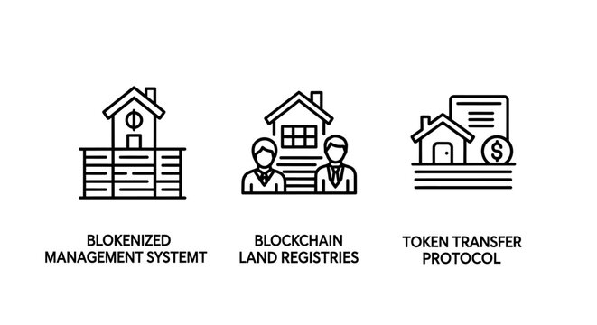 Blockchain real estate technology icons for tokenized management systems land registries digital token transfer protocols blockchain tokenization registry protocol transfer building