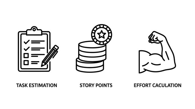 Agile project management icon set for task estimation scrum story points calculation team effort assessment management estimation calculation clipboard checkmark strength planning