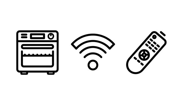 Smart home appliance icons illustrating a modern kitchen oven with wireless wifi connectivity and universal remote control system appliance wireless connection automation technology internet
