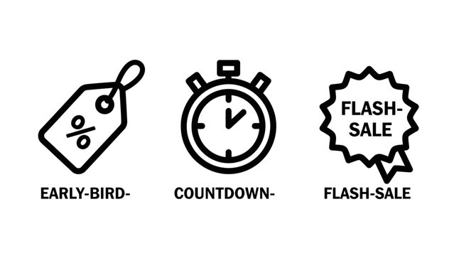Sales and marketing promotional event icons set with marketing countdown discount promotion business shopping ecommerce reduction consumer campaign strategy customer commerce deadline