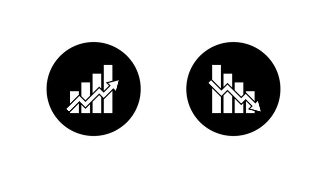 Growth and decline chart icon in black circle. Up and down bar symbol. Increase and loss decrease trend sign