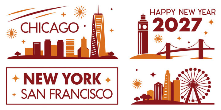 USA, US, U.S, United States - Set of city skyline illustrations featuring chicago new york and san francisco for happy new year 2027 celebration designs
