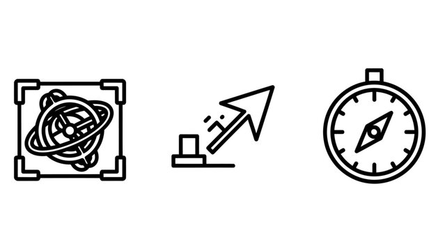 Navigation and orientation tools icon set including gyroscopic and compass symbols with navigation gyroscope orientation direction location research exploration position instrument technology