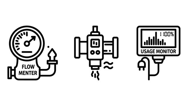 Industrial monitoring and measurement technology line icons set featuring flow meter and usage tracking industrial measurement technology engineering mechanical equipment interface efficiency