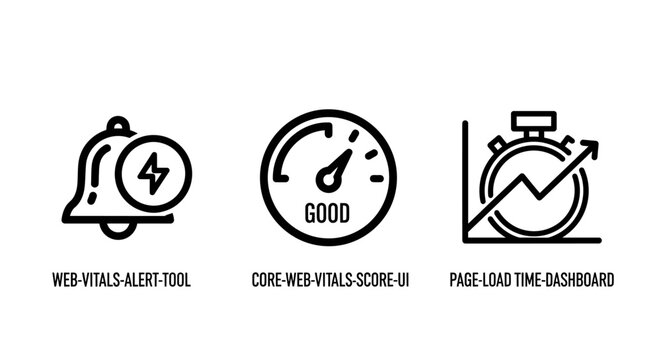 Web performance and site speed monitoring dashboard icons set for developers with performance dashboard monitoring software development optimization analysis indicator measurement internet