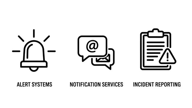 Set of minimalist line icons for business communications and incident management alert systems with notification incident reporting communication emergency business clipboard management
