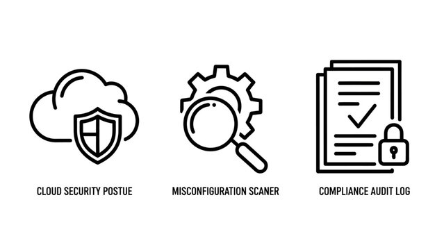 Cloud security posture and data compliance icon set with security compliance misconfiguration protection business cybersecurity internet monitoring information management technology