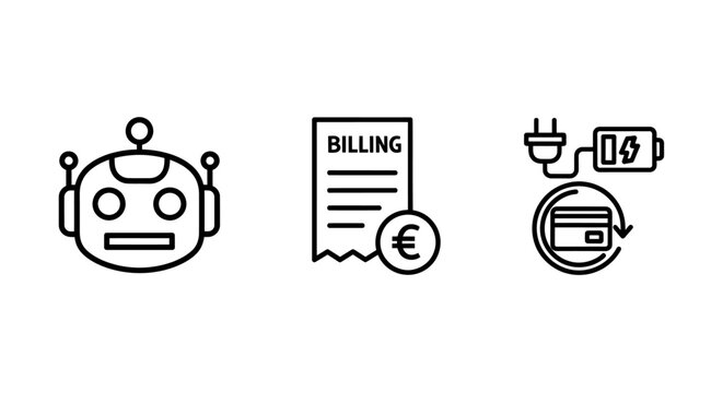 Financial technology icon set showing bot assistant euro currency billing statement electronic payment currency charging automation artificial intelligence accounting transaction
