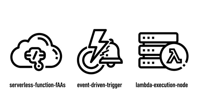Cloud computing and serverless architecture icons with serverless function execution computing technology infrastructure software development automation lightning programming platform
