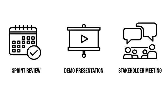 Agile business process icons for sprint review and stakeholder meetings with calendar presentation stakeholder business planning management software development discussion communication