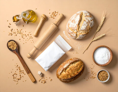 Baking essentials flat lay with sourdough bread rolling pin flour and seeds