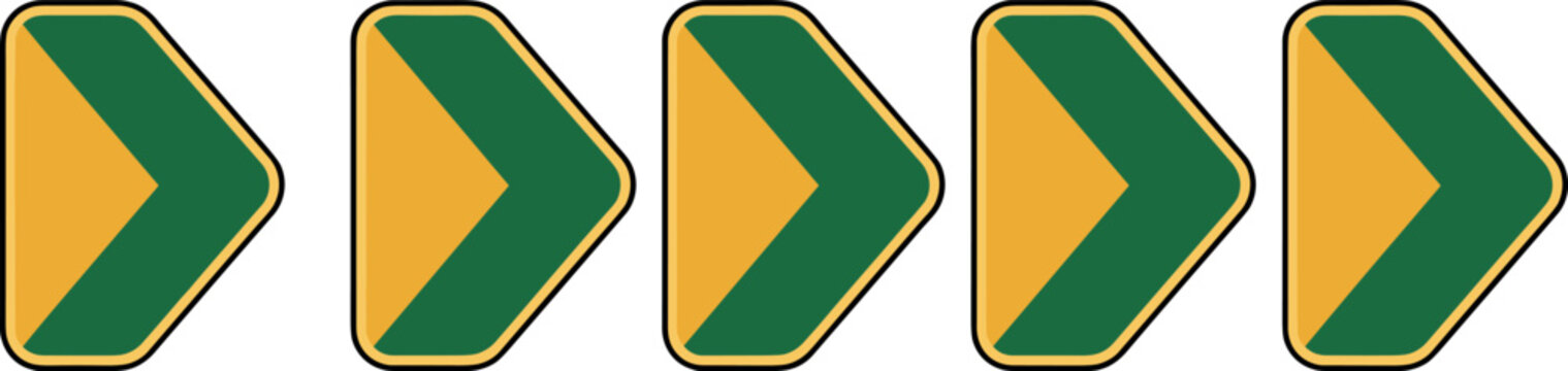 Green and yellow chevron arrow road sign vector set indicating sharp turn direction or traffic alignment