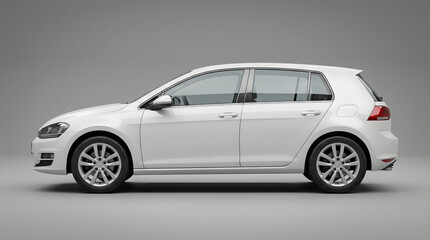 Obraz premium Professional side view white hatchback ideal for full wrap branding mockup. Neutral studio setup with smooth reflections and large printable surface for advertising and vinyl design projects.