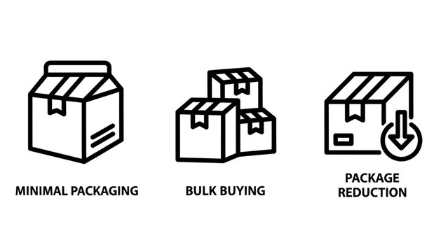 Sustainable packaging and bulk buying concept icons set with eco friendly packaging minimalist delivery shipping sustainability logistics reduction recycling commerce environment warehouse