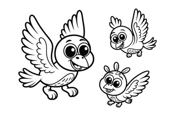 Fototapeta premium A black and white illustration of three cartoon birds with big eyes and wings