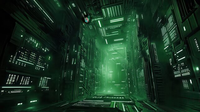 Cyberpunk Cityscape with glowing green digital screens and towering server racks, futuristic tech ambiance