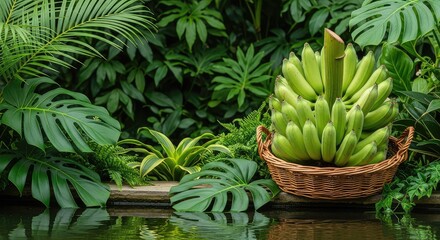 Obraz premium Vibrant green bananas rest in a handmade wicker basket positioned near a tranquil pond, framed by dense tropical leaves and exotic plants, reflection, fresh, paradise