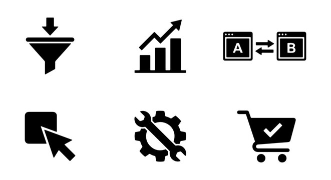 Digital Marketing Icons Set: Funnel, Analytics, A/B Test, Click, Tools, Shopping Cart
