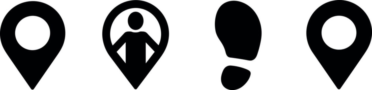 Map pin location icons with person silhouette and footprint symbols for travel navigation tracking position finding and local place marker design isolated on white background vector illustration