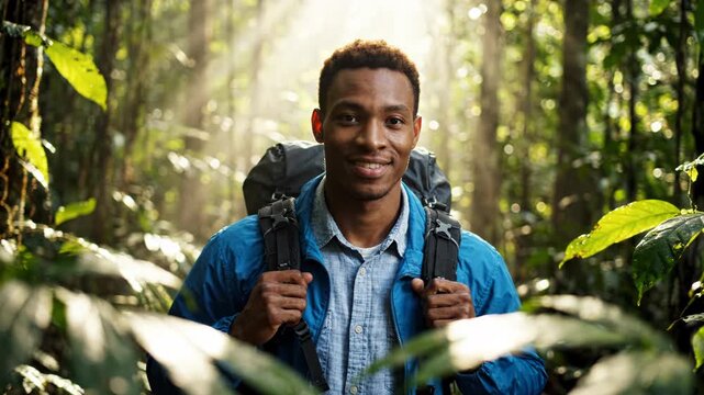 A smiling young man with a backpack hiking through a dense forest with sunlight filtering through the trees