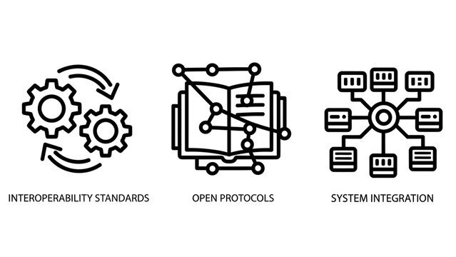 Icons representing operational standards open protocols system integration with a modern outline style operation standards protocols integration connection technology information