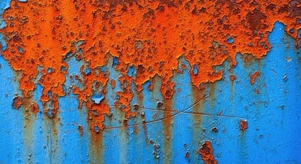 Fototapeta premium Weathered blue iron panel featuring heavy orange oxidation and peeling paint on a distressed metallic surface with a gritty industrial texture, stained, peeling, backdrop