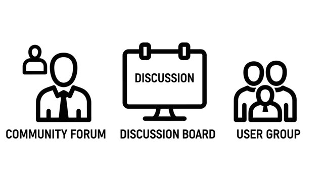 Community forum discussion board user group icons with community discussion internet communication networking collaboration graphics illustration information elements business organization