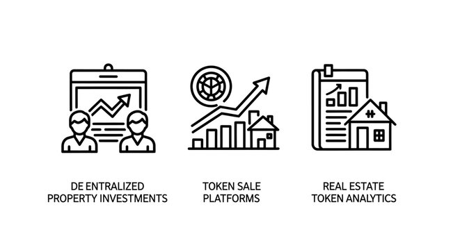 Real estate investment icons: decentralized property token sale analytics with digital asset investment platform smart contract investment analytics property tokenization blockchain business