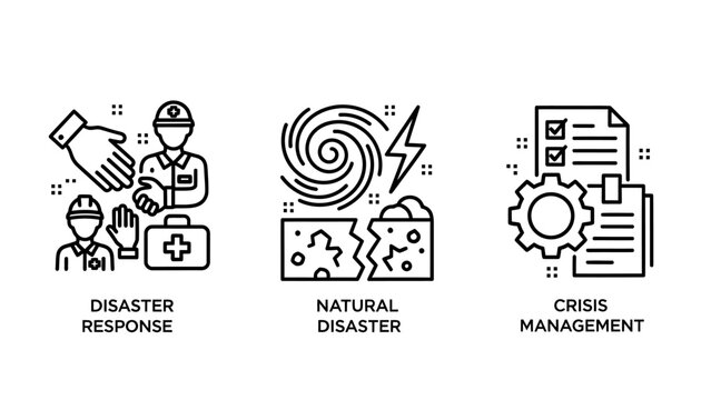 Disaster response natural disaster crisis management icons with medical kit first aid line art problem solving emergency protection response hurricane earthquake destruction document