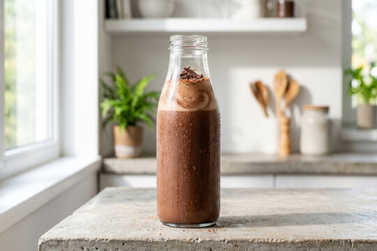 Healthy chocolate milk protein shake with foam in a glass bottle for fitness, bodybuilding, and diet