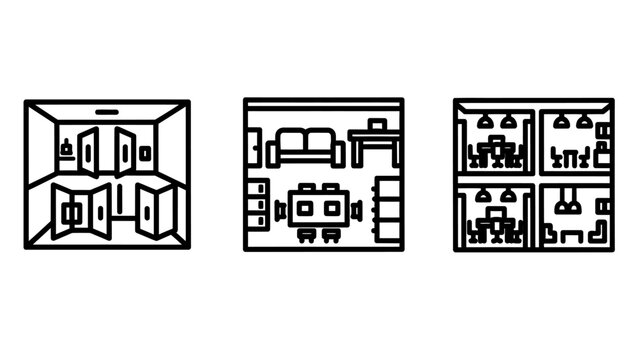 Interior design plan icons: room layout furniture arrangement office space with real estate interior architecture furniture arrangement blueprint illustration workspace apartment residential