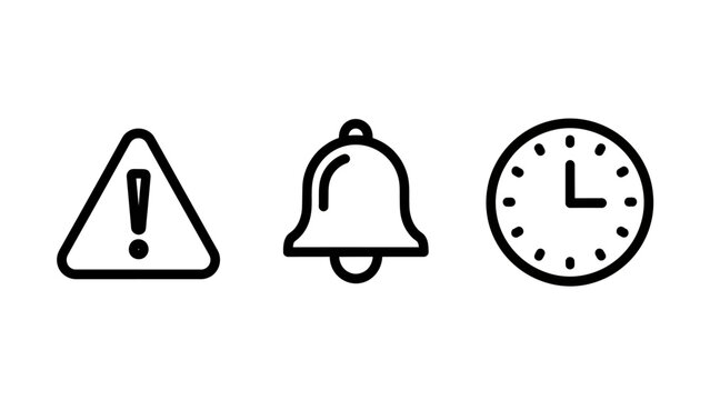 Warning notification bell clock icons for alerts and timely information with notification information important reminder deadline schedule attention interface security punctuality countdown