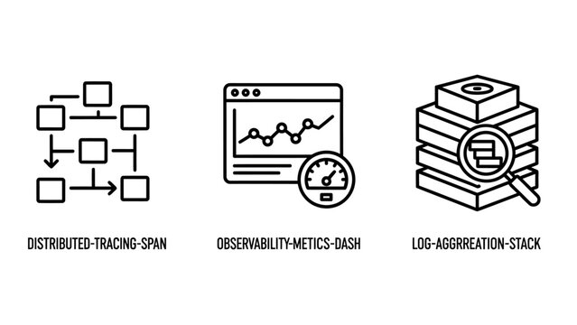 Distributed tracing observability metrics dashboard log aggregation stack icons for software development and it operations with distributed observability dashboard aggregation software operations