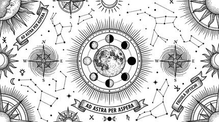 Fototapeta premium Celestial Pattern: Sun, Moon, Stars, Constellations, Compass, Astrology Symbols