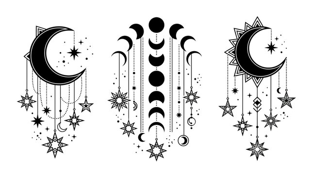 Celestial Moon Phases and Stars Boho Vector Design Elements