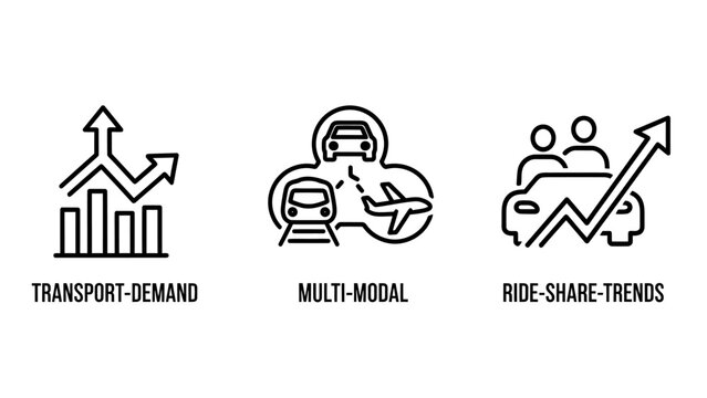 Line icons illustrating transport demand multi-modal transportation options ride-share trends in a modern mobility concept transport transportation multimodal rideshare mobility logistics