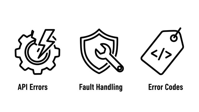 Api errors fault handling error codes icons for software development and troubleshooting with programming language quality assurance troubleshooting technology programming development software