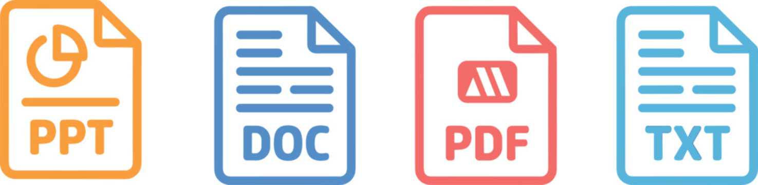 Document file format vector icons set featuring ppt doc pdf and txt types for digital data storage download and office paperwork management